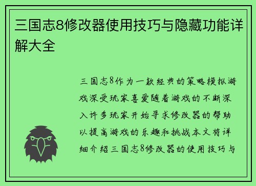 三国志8修改器使用技巧与隐藏功能详解大全